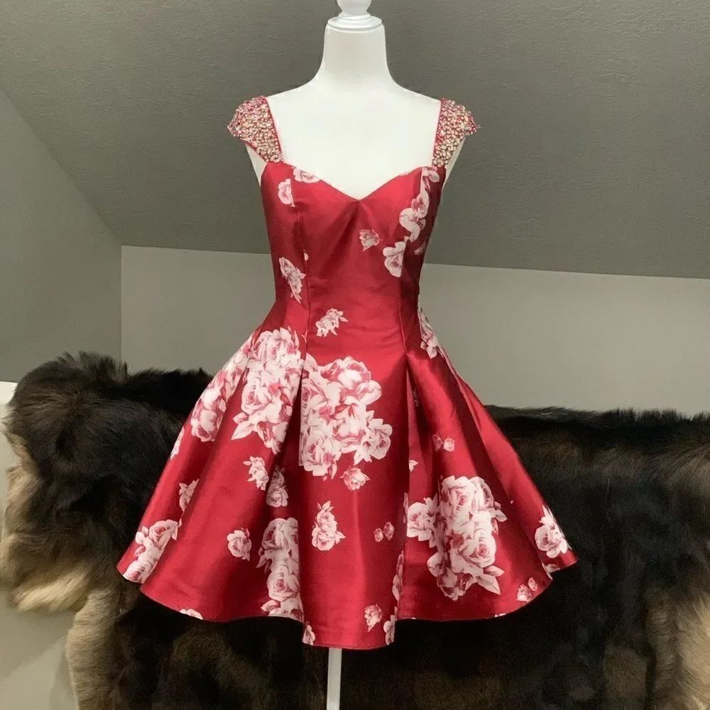 Burgundy Floral-Print Cap Sleeve With Crystal beading, Cocktail Party Dress